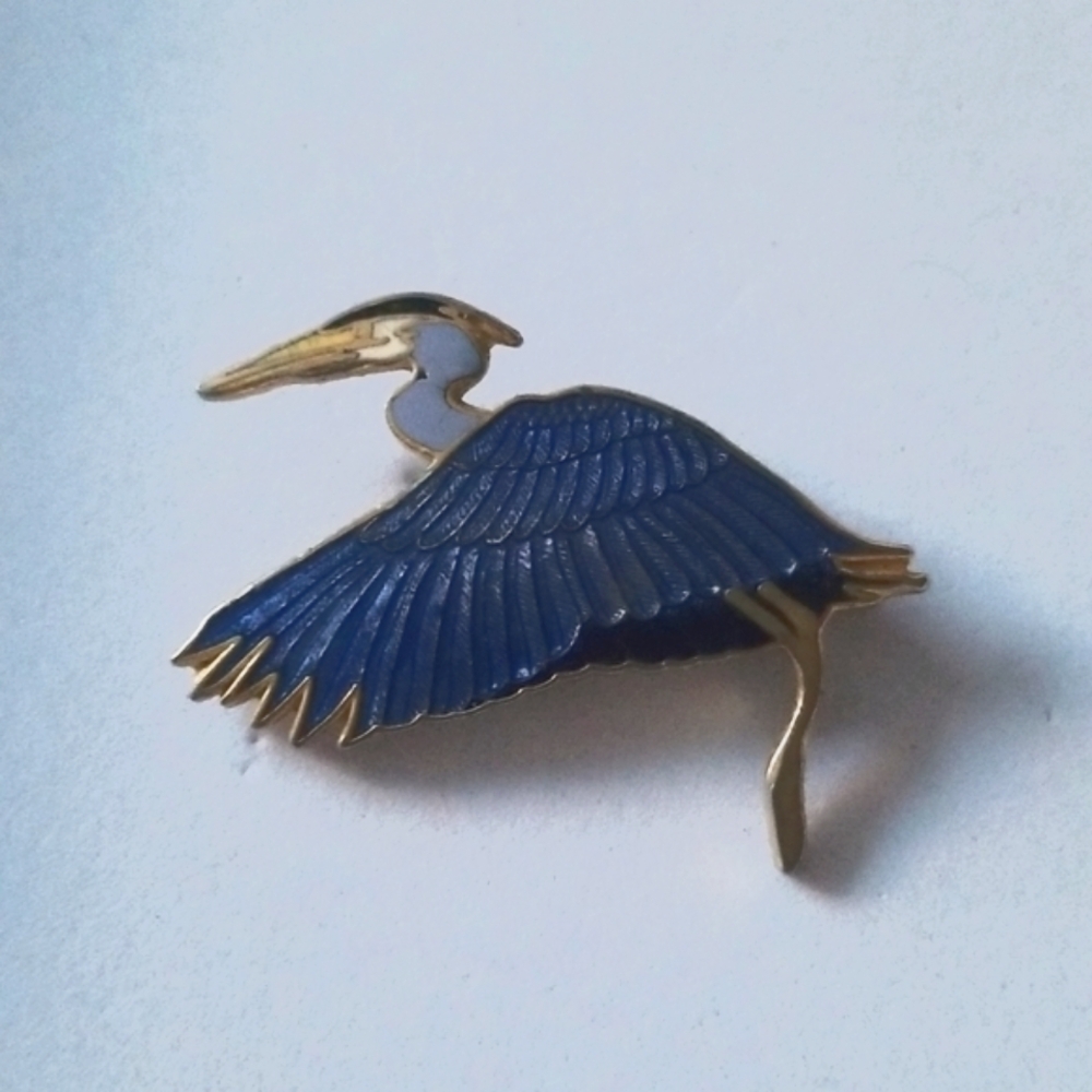 WM Spear Design Enameled Signed Heron Brooch